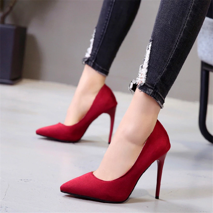 Chaussures De Mariage Pour Femmes Grande Taille 35 44 Concis Chaussures Peu Profondes A Talons Hauts Et Fins Escarpins A Bout Pointu Noir Rouge Aliexpress