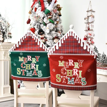 

Merry Christmas Chair Cover Dinner Table Red Cap Ornament Chair Back Covers Xmas Placemat Printed Tablecloth for Party Decor