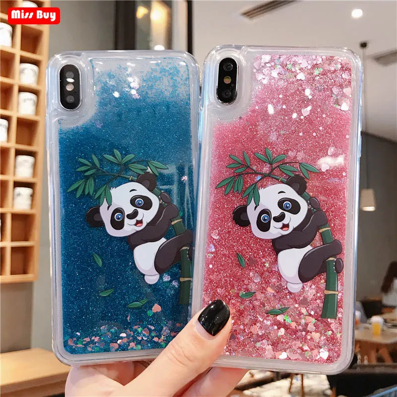 Cartoom панда Блестящий Жидкий чехол для iPhone 6 6S 7 8 Plus Xr Xs Max динамический жидкий