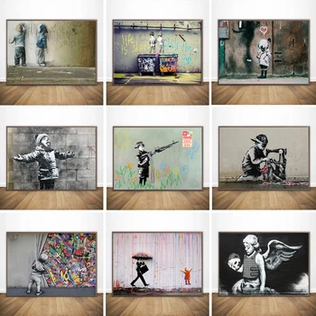 Graffiti Art Banksy Pittura su tela Bambini Pipì Pioggia colorata Poster astratti Stampe Immagini di arte della parete per la decorazione domestica Cuadros