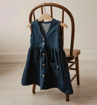 

2020 Spring/Summer Girls Water Wash Cotton Denim Sleeveless Cardigan Dress Children Button Solid Color Vest Princess Dresses