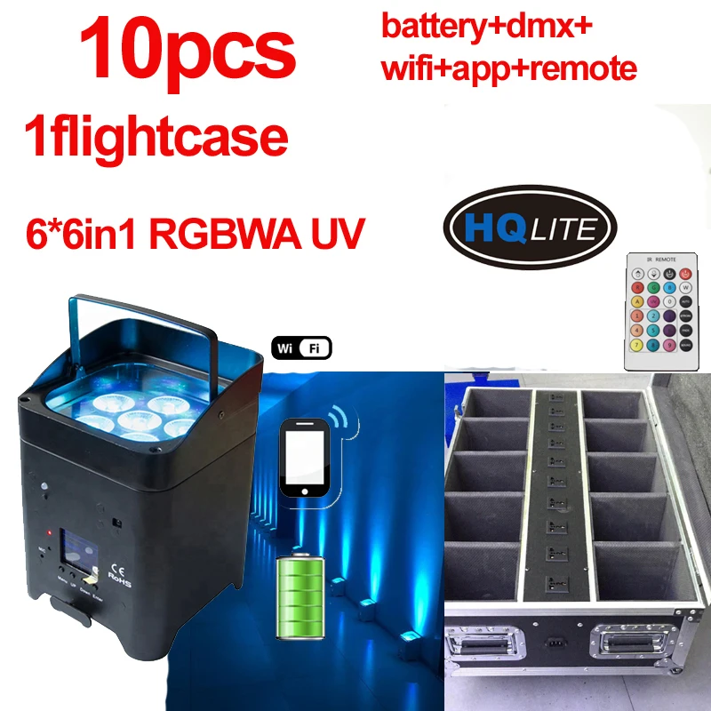 6*18 Вт RGBWAUV беспроводной ИК батарея мощность Wi Fi Led Par Светильник 10 шт. dj умный светильник с чехол для зарядки
