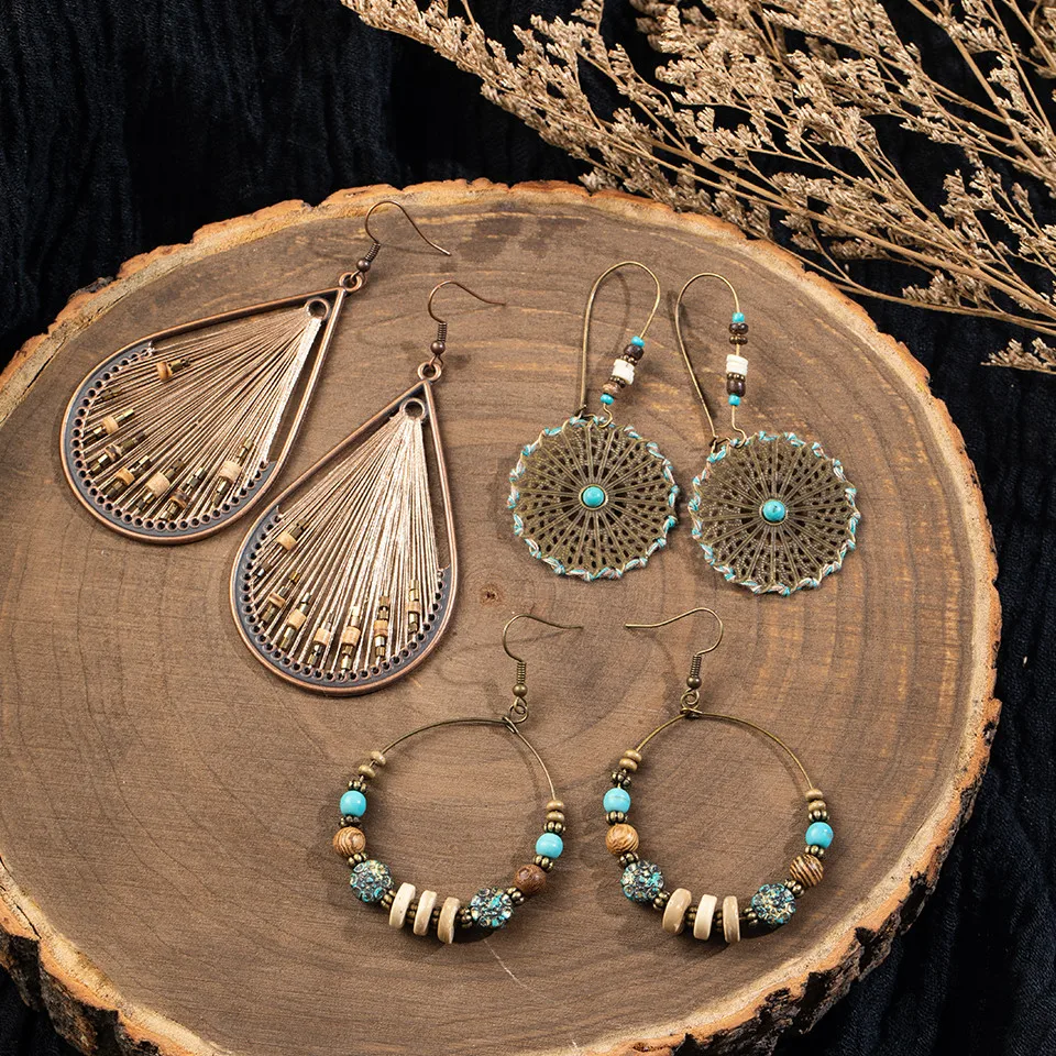 Conjunto de brinco de folha de flor grande do vintage Declaração de jóias feminino Bohemia étnica entrega de bronze longa brincos pendurados para mulheres