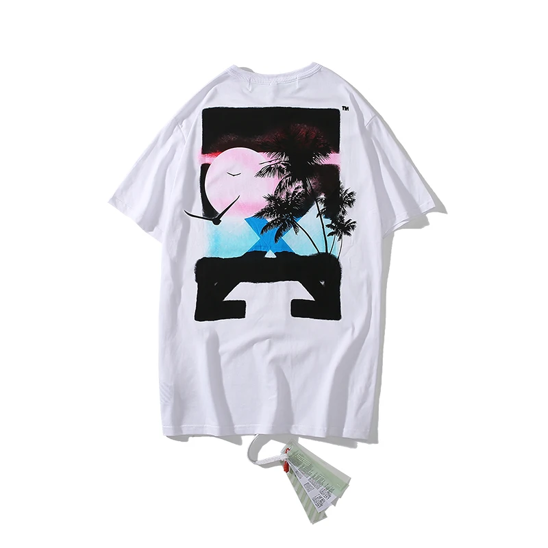 Морской вид кокосовое дерево 19ss Off-White OW мужские/женские модные парные модели влюбленных хлопковая Повседневная футболка с круглым вырезом и коротким рукавом