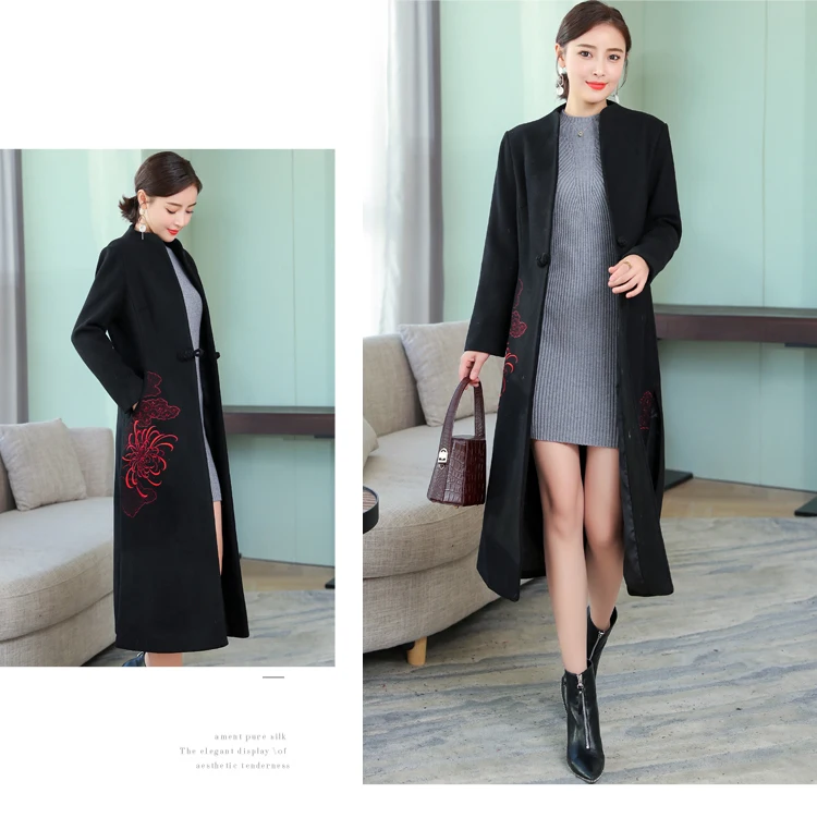 Осеннее и зимнее пальто женское Стиль благородный Дебютант ручная вышивка средней длины шерстяная куртка модная