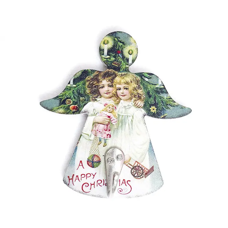 

1 PC 10*11.5CM Wooden Angel Painted Metal Buckle with No-Trace Hook Seamless Paste Christmas New Year Home Kitchen Door Decos