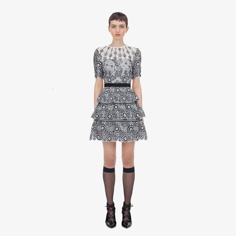 Self-Portrait Long Sleeve Floral Embroidery Mesh Mini Dress Women Autumn O-Neck High Waist Layer Ruffles Party Dresses