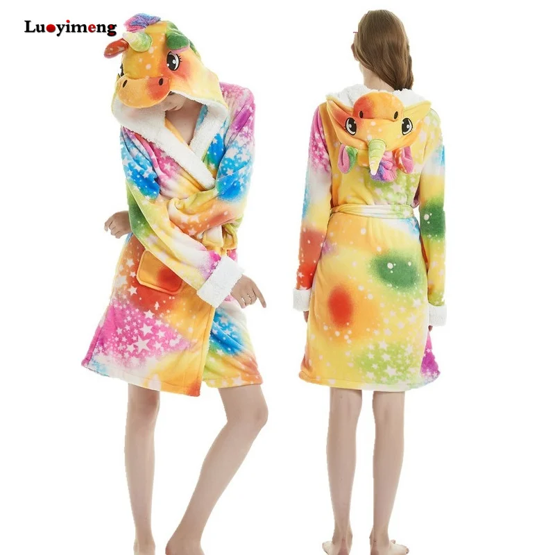Adults Winter Coral Velvet Hooded Unicorn Robe Women Flannel Dressing Gown Panda Stitch Animal Bath Robes Men's Long Bathrobes