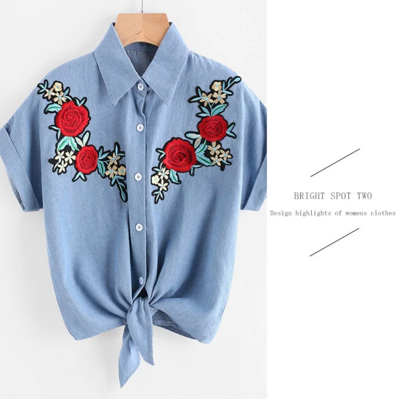 Woman Rose Embroidered Shirt Female Summer Short Sleeve Shirt Denim blue Blouse preppy style korean version 2022