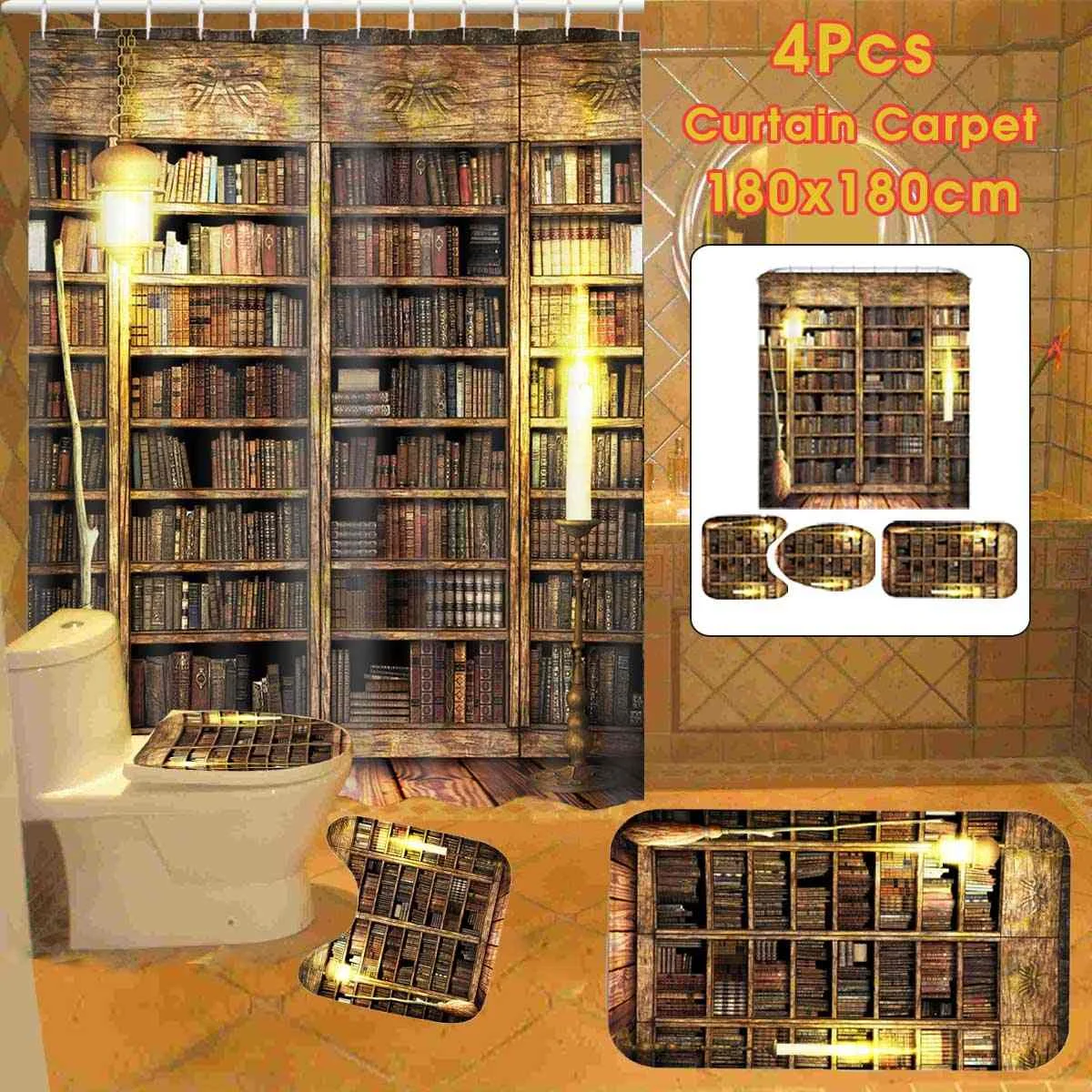 180x180 см старый ретро кабинет деревянная книжная полка узор ванная душевая занавеска Противоскользящий кухонный коврик для ванной коврик для туалета набор для ванной комнаты