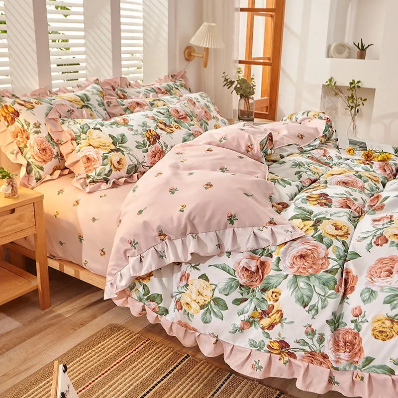 Peony Floral Girls Duvet Cover Set Soft Cotton Brushed Farmhouse Chic Blossom Ruffle 3/4Pcs Bedding set Fitted sheet Pillowcase