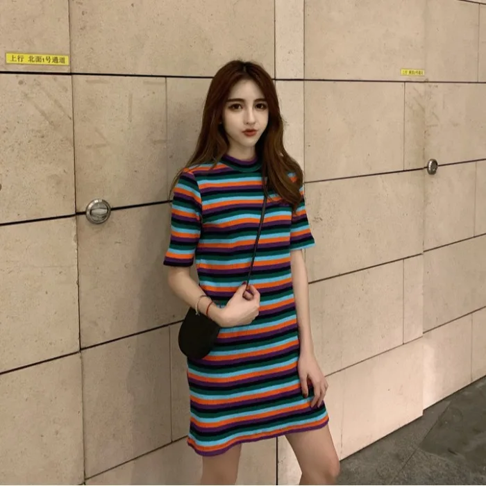 

Hipster Elegant Short Skirt Summer 2019 New Style Knitted Stripes Waist Hugging Slimming Short-height Dress WOMEN'S Dress