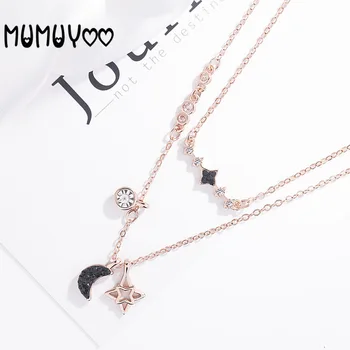 

High quality SWA1:1 simple charm classic double layer stars and moon folded belt pendant women's necklace female clavicle chain