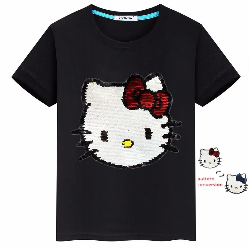 Летние футболки для девочек с принтом «hello kitty»; хлопковая Детская футболка с Микки Маусом и блестками; двухсторонние футболки для мальчиков-подростков; детская одежда; От 4 до 13 лет - Цвет: as picture