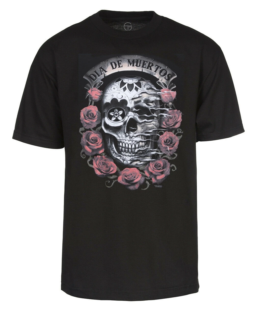 Мужская футболка Dia De Muertos Skull с розами черный| |
