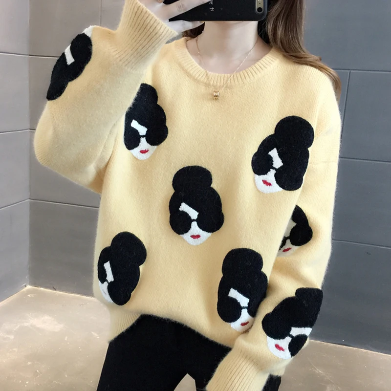 Fannic Pull Femme зима осень негабаритных вязаный свитер для женщин фонарь рукав вышивка мультфильм утолщаются пуловеры джемпер