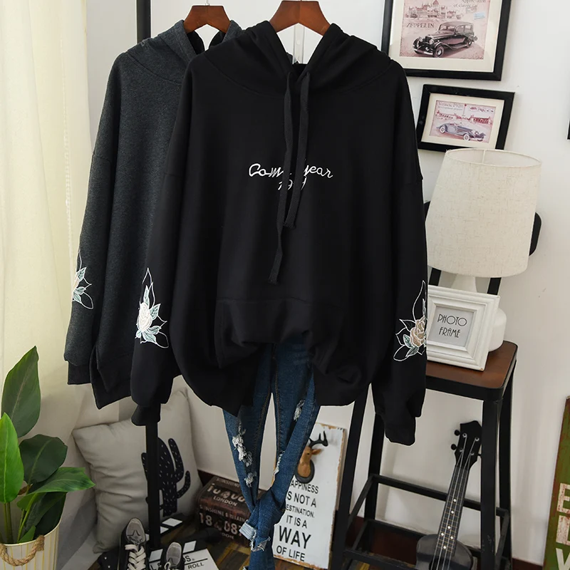 Oversize Fleece Hooded Hoodie Sweatshirt Women High Quality Heavy Warm Hoodies Floral Embroidery Pullover Coat for Autumn Winter