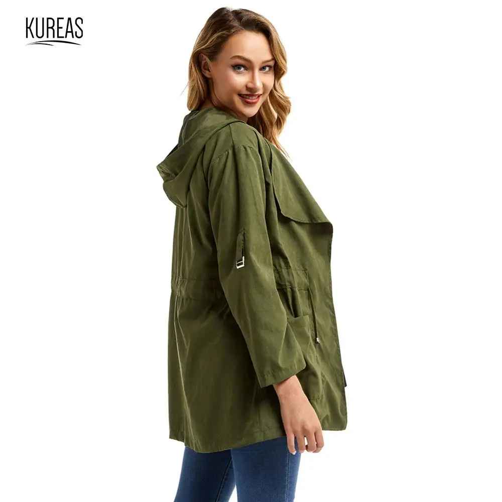Kureas, женский плащ, зима, осень, с капюшоном, пыльник, пальто, модная, армейский зеленый, ветровка, талия, на завязках