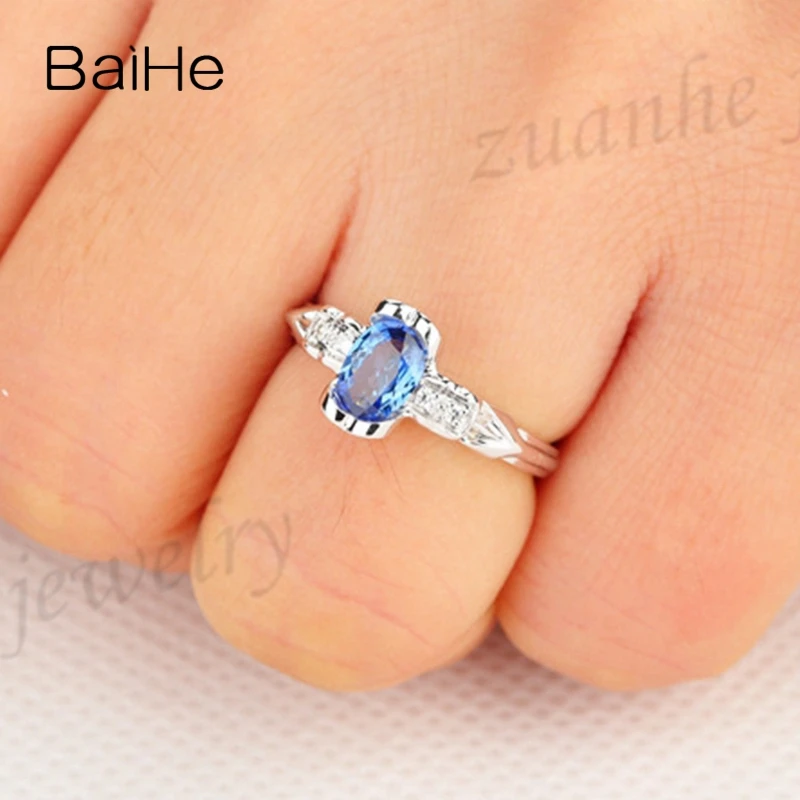BAIHE SI/H полный разрез бриллианты 0.7ct Овальный натуральный голубой сапфир Твердые 14 к белое золото кольцо Wome украшения для помолвки Подарочное кольцо