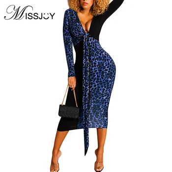 

MISSJOY Long Sleeves Elegant Patchwork Women Dresses Tight Sexy Band 2019 Autumn Female Robe Club Party Leopard V-Neck Ladies