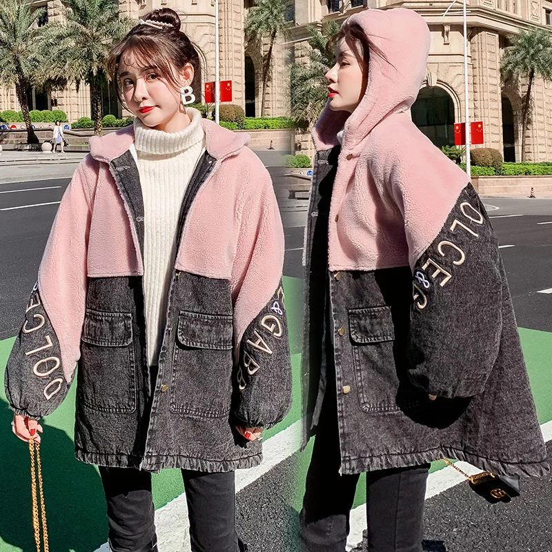 

2019 Autumn And Winter Korean-style Jeans Coat Student Joint Hooded plus Velvet Loose-Fit Versatile Tops Fashion