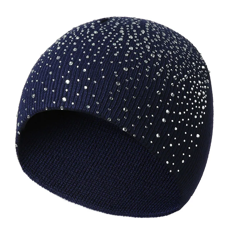 Spring  Atumn Winter Hats for Women Knitted Beanie Cap Girls Wool Brand Hat with Shining Rhinestone Female Casual Hats 3