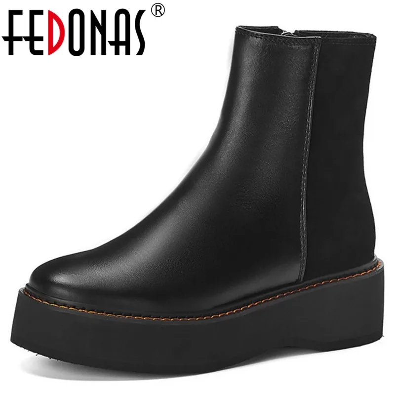 

FEDONAS Basic Platform Chunky Heels Boots Winter Warm Women Genuine Leather Ankle Boots Night Club Shoes Woman Motorcycle Boots