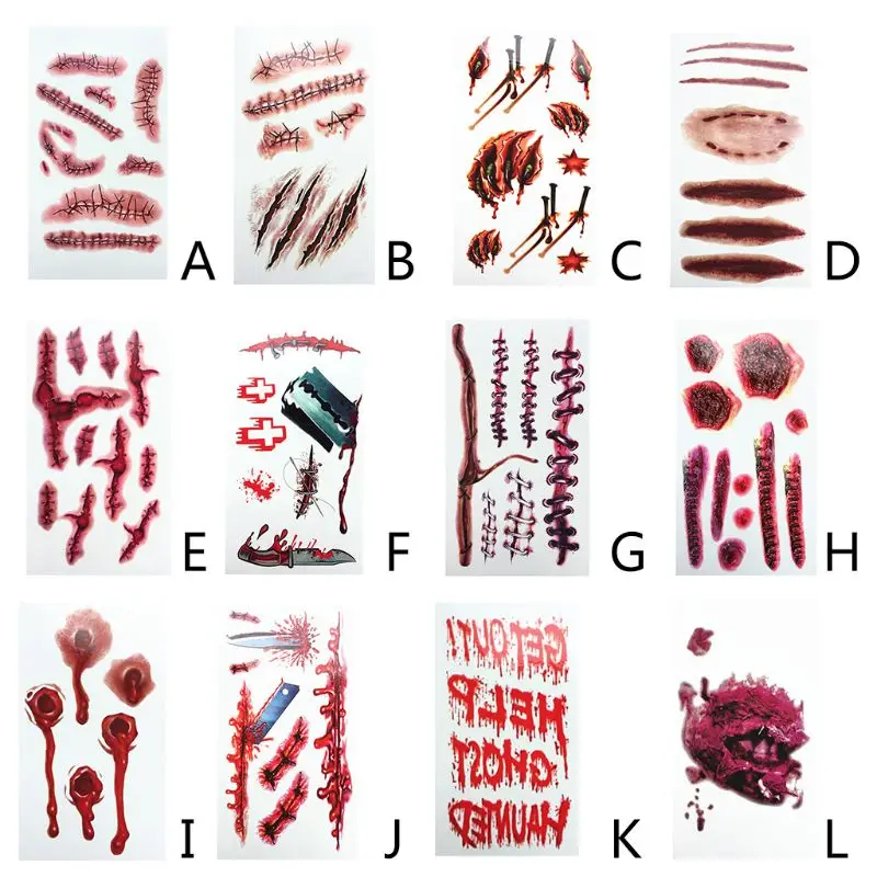 10 Sheets Halloween Waterproof Temporary Tattoo Sticker Horror Realistic Fake Bloody Wound Stitch Scar Scab Cosplay Makeup Props