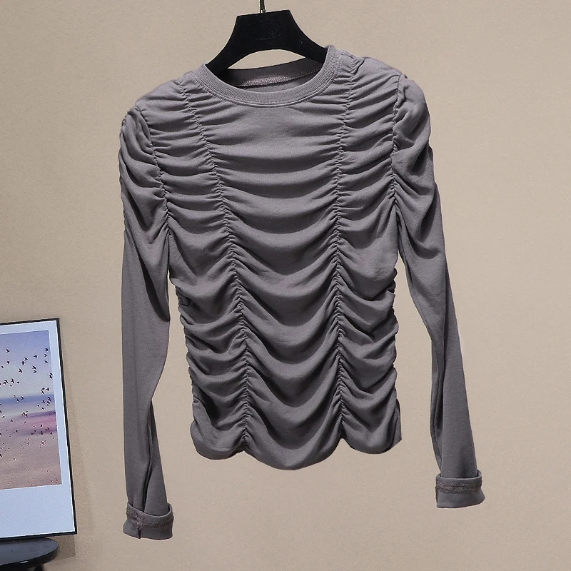 Retro Long Sleeve Pullover Tshirt Women Spring and Autumn New Temperamen Pleated T-shirt Woman All-match Tops T Shirts Tee - Цвет: Хаки