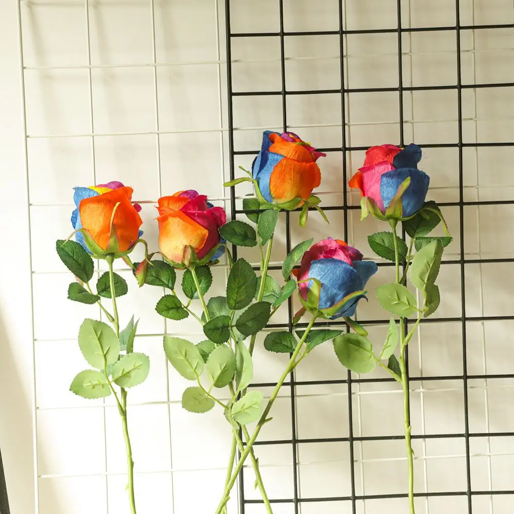 Real Touch Feeling Fabric Roses Rainbow Rose Petals DIY Wedding Center Flowers Special Colourful Rose Decoration Mariage