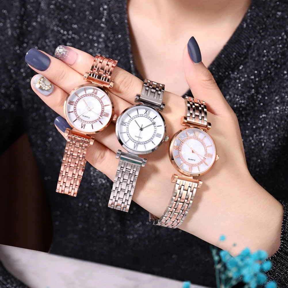 

Fashion Wrist Watch Women Rhinestone Round Dial Roman Numerals Analog Quartz Wrist Watch Fold-over Clasp Luxury Women Watch Gift