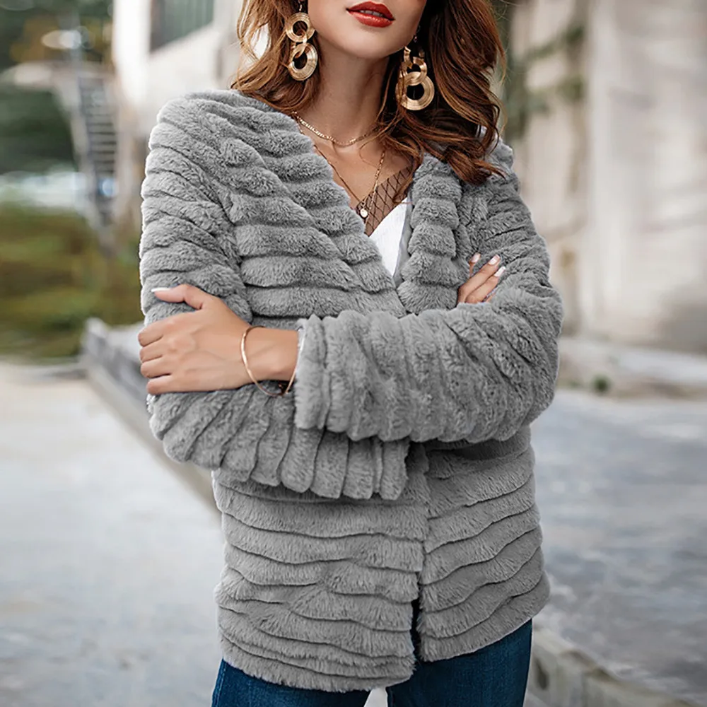 Home& Nest пальто из искусственного кроличьего меха женские куртки из мягкого кроличьего меха с круглым вырезом Винтажный стиль зимняя однотонная меховая верхняя одежда с длинными рукавами
