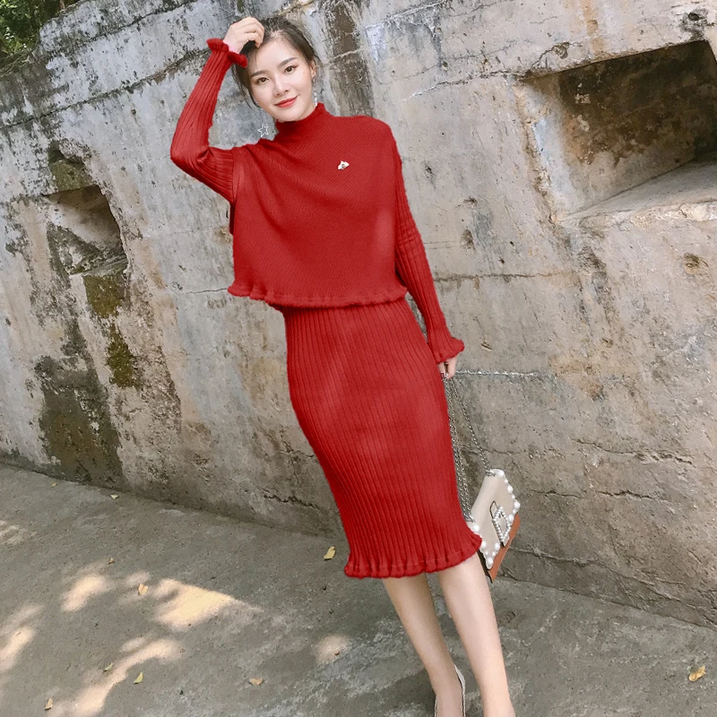 

New Elegant Vintage Autumn Winter + Sweater Two Piece Set Women Knitted Dress Sets Clothes Office Ladies Pullover Pull Femme