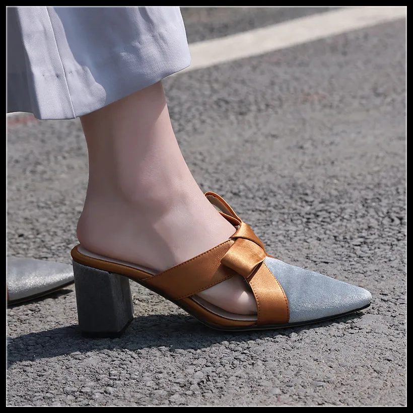 

Women Slippers Fashion Big Bow Tie Velvet High Heel Desginer High Quality Woman Elegant Spring Summer Pointed Toe Slipper Shoes