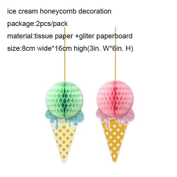 Ice Cream Summer Party Decoration Honeycomb Hanging Decor Boy Birthday Baby Shower Tropical Hawaiian Ice Cream Banner Supplies 2pcs ice cream