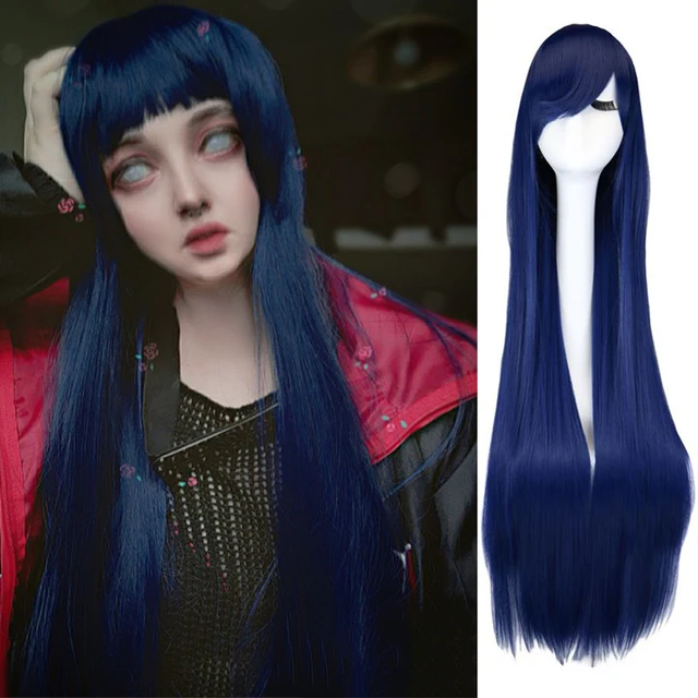 QQXCAIW Long Straight Cosplay Wig Black Purple Black Red Pink Blue Dark Brown 100 Cm Synthetic Hair Wigs navy