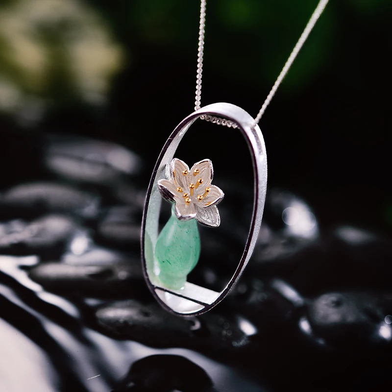 Lotus Fun Real 925 Sterling Silver Natural Aventurine Handmade Fine Jewelry Lotus Whispers Vase Pendant without Necklace Women