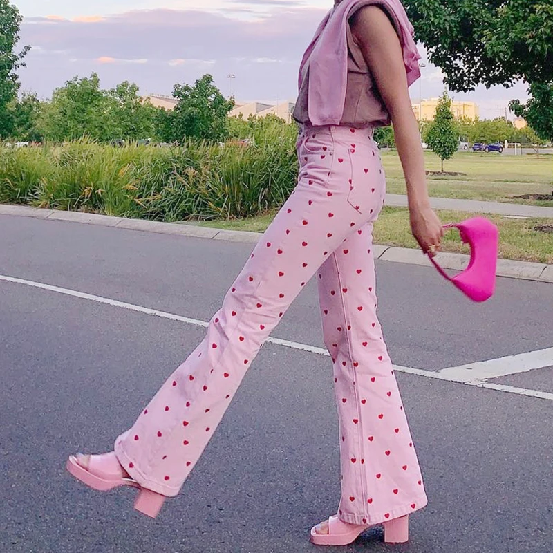 Darlingaga Pantalones largos de cintura alta para mujer, pantalón Vintage,  rosa, acampanado, estampado de corazón, a la moda, novedad|Pants \u0026 Capris|  - AliExpress