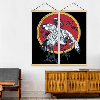 

Print Wall Art Canvas 2 Panel Poster Red Crowned Cranes Pictures Painting Solid Wood Hanging Scrolls Home Decor For Living Room