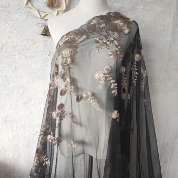 

High quality black gauze fabric Gold thread embroidered rose tissu High end wedding dress women's dress background material