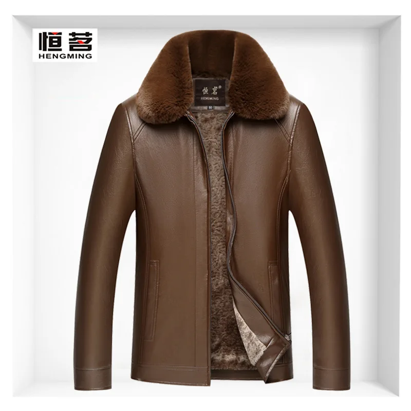 

Winter New Style Middle-aged Fold-down Collar Zipper MEN'S Leather Coat MEN'S Leather Jacket Coat Men'S Wear Wandering Peddler