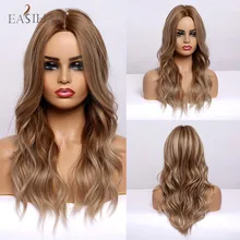 EASIHAIR-Peluca de cabello sintético para dama, cabellera artificial largo con ondas al agua y reflejos marrón claro, parte media, resistente al calor, Cosplay, Afo