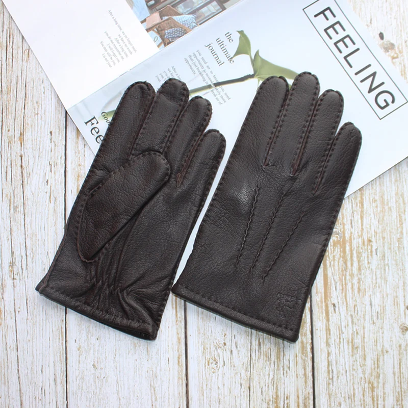 Men's new deerskin gloves hand-stitched fashion ripple wool knitted lining gloves to keep warm driving leather gloves best men's leather gloves for winter