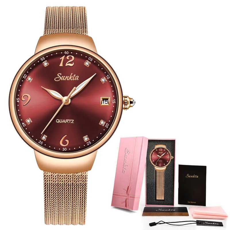 Rose gold red SUNKTA женские часы керамические простые женские часы с алмазами повседневные модные часы спортивные водонепроницаемые наручные часы Relogio Feminino - Цвет: Rose gold red