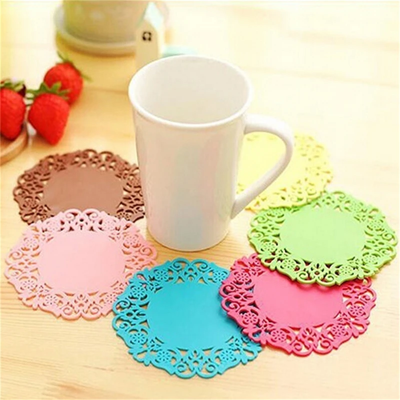 1 PCS 9.5cm Flower Hollow Design Round Silicone Table Heat Resistant Mat Cup Coffee Coaster Cushion Placemat Pad