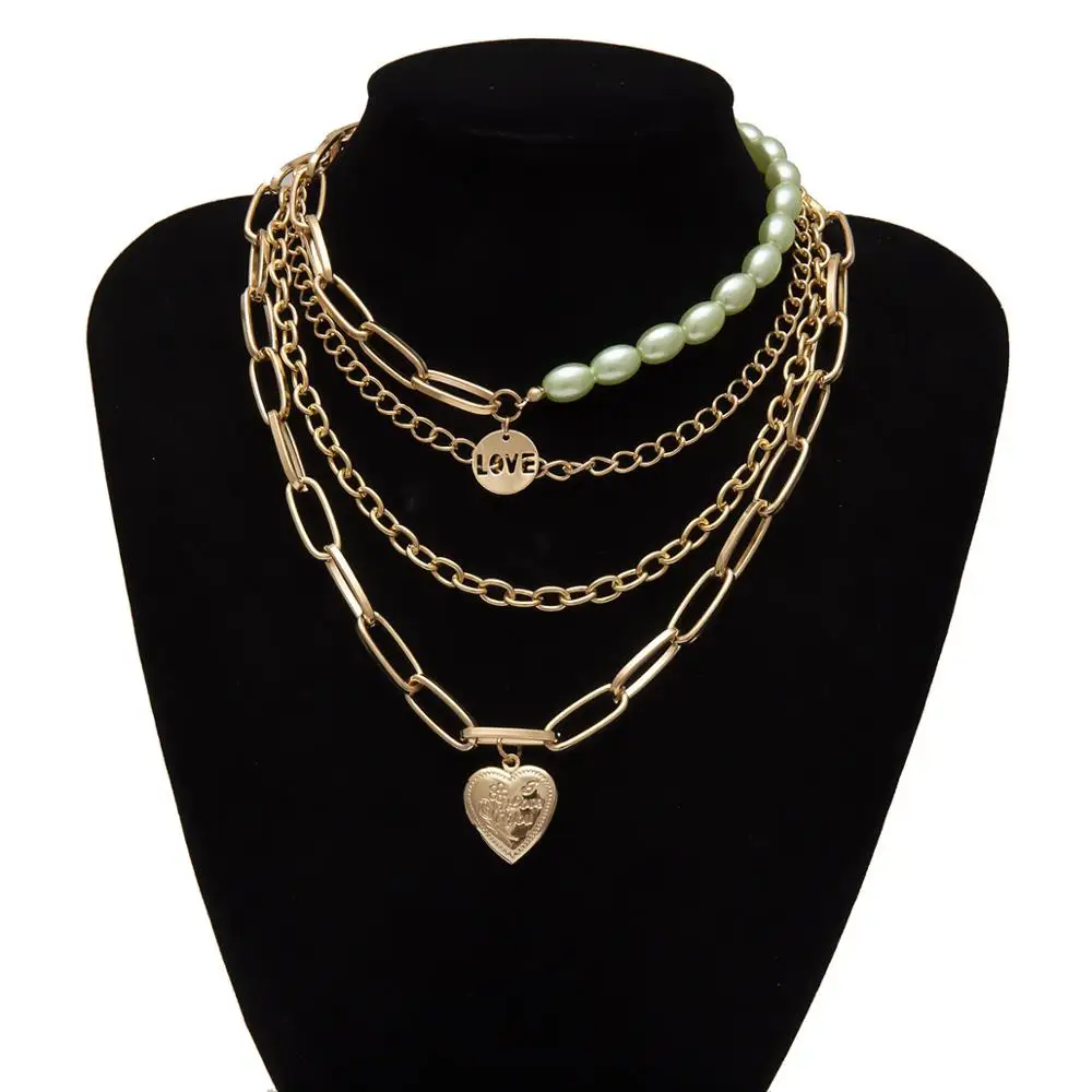 green DIEZI Bohemian Multilayer Gold Opened LOVE Heart Pearl Pendant Necklace For Women Vintage Choker Statement Necklace Jewelry - Окраска металла: green