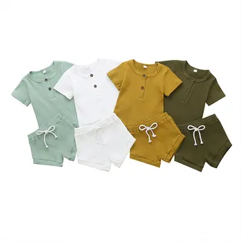

Casual Solid Color Baby Grils Clohting Set Summer Cotton Short Sleeve Tops+ Shorts O-neck Toddler Clothes Sets 6-24 Months