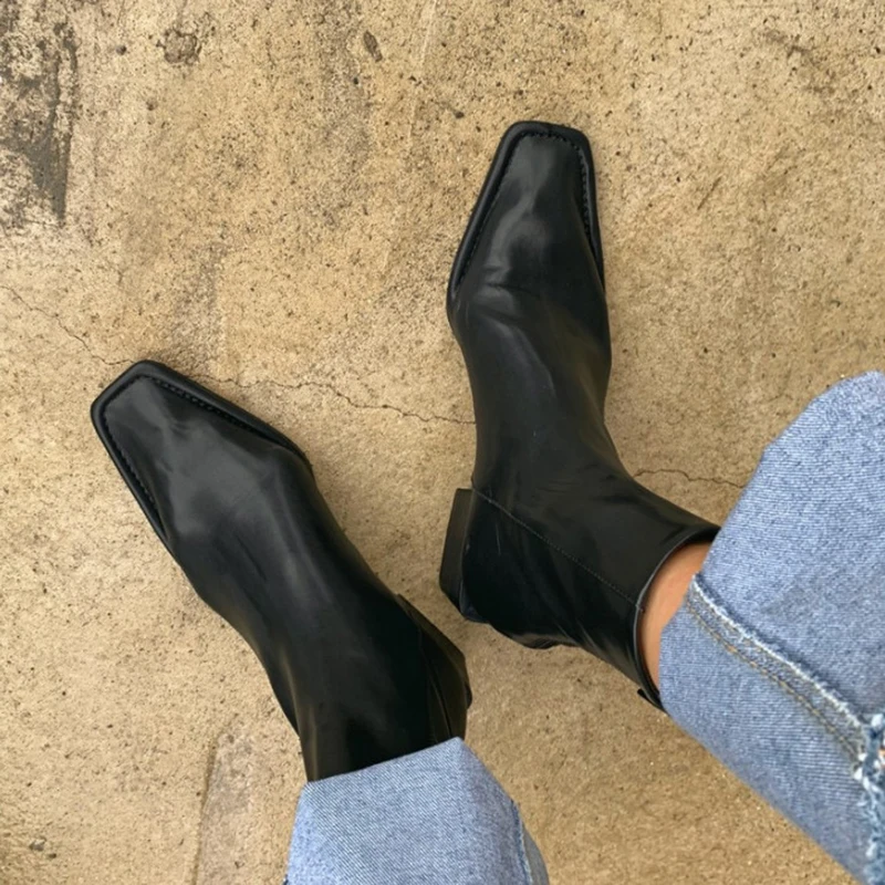 2022 moda donna stivaletti punta quadrata scarpe tacco basso donna cerniera  posteriore stivaletti corti nero bianco Botas Mujer - AliExpress Shoes