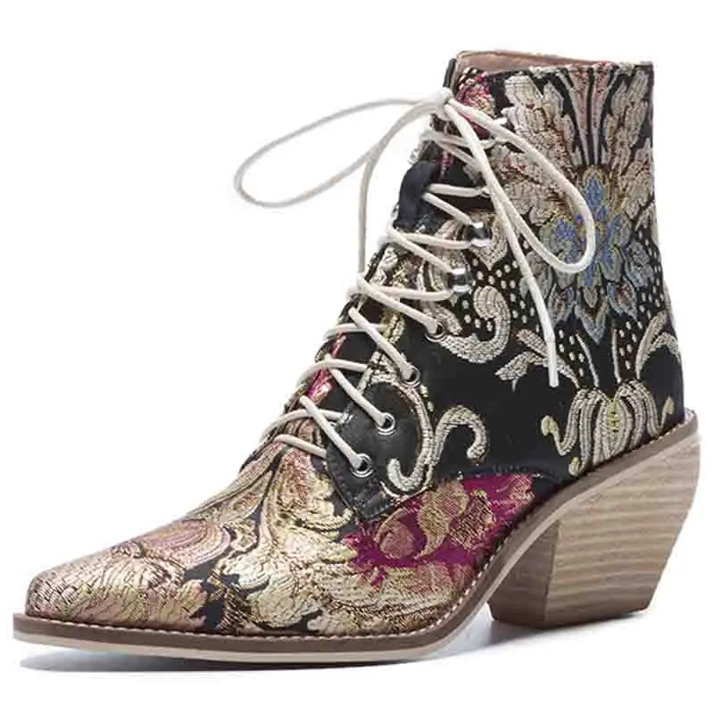 Embroidery Flower Short Boots For Women 2021 New Fashion Wedding Pumps Female Pointed Toe Modern Botas Lady British Style Shoes