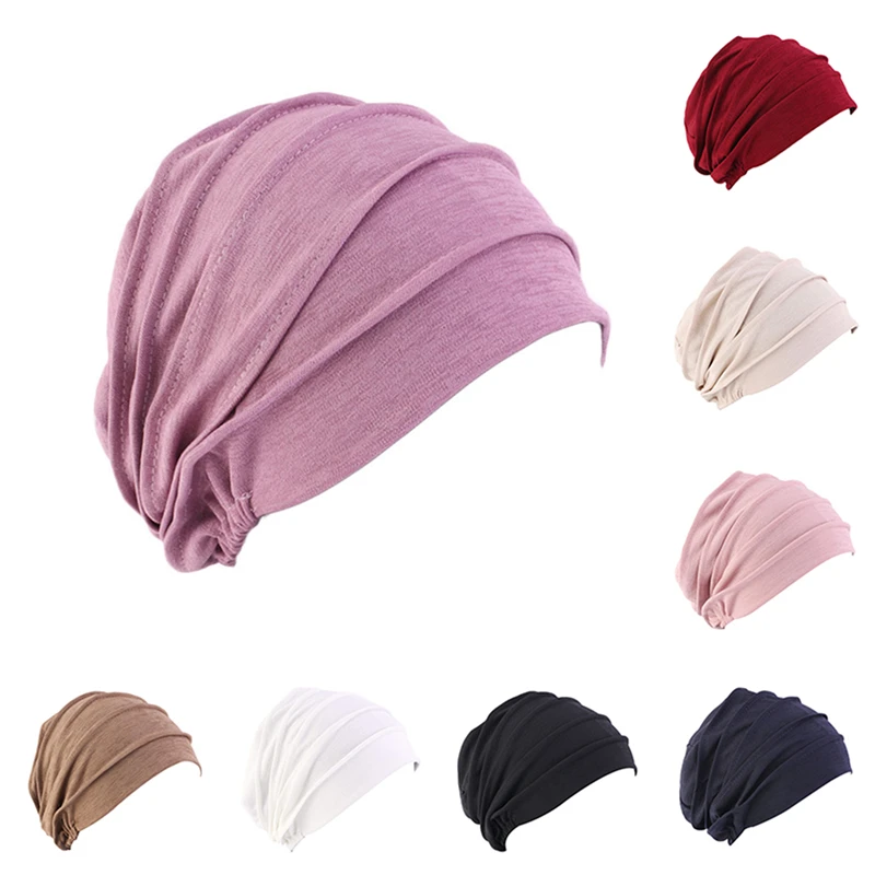 

Women Solid Color Turban Cap Ladies Quality Chemotherapy Headband Muslim Headscarf For Female Hair Accessories New Beanies